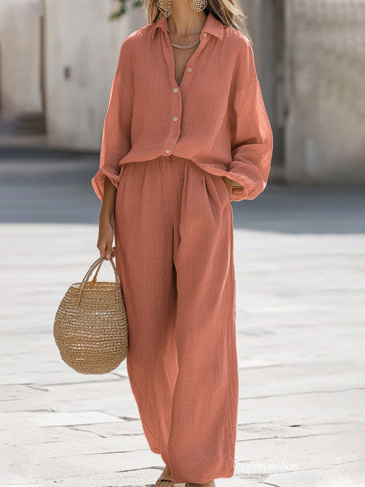 Women's elegant relaxed fit blouse & pant set, perfect for summer travel & vacation.