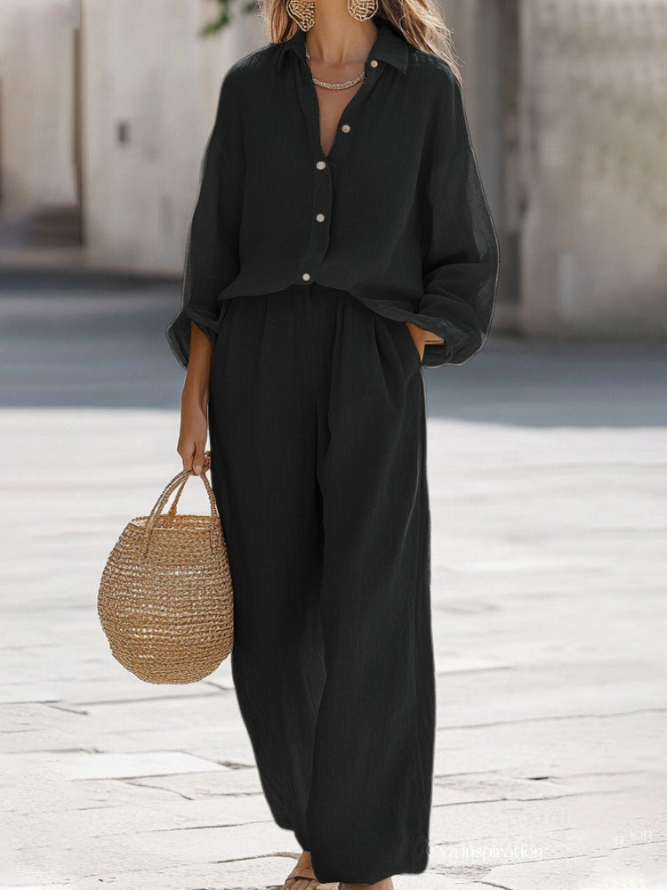 Lightweight women's two-piece summer outfit, perfect for casual elegance & vacation.