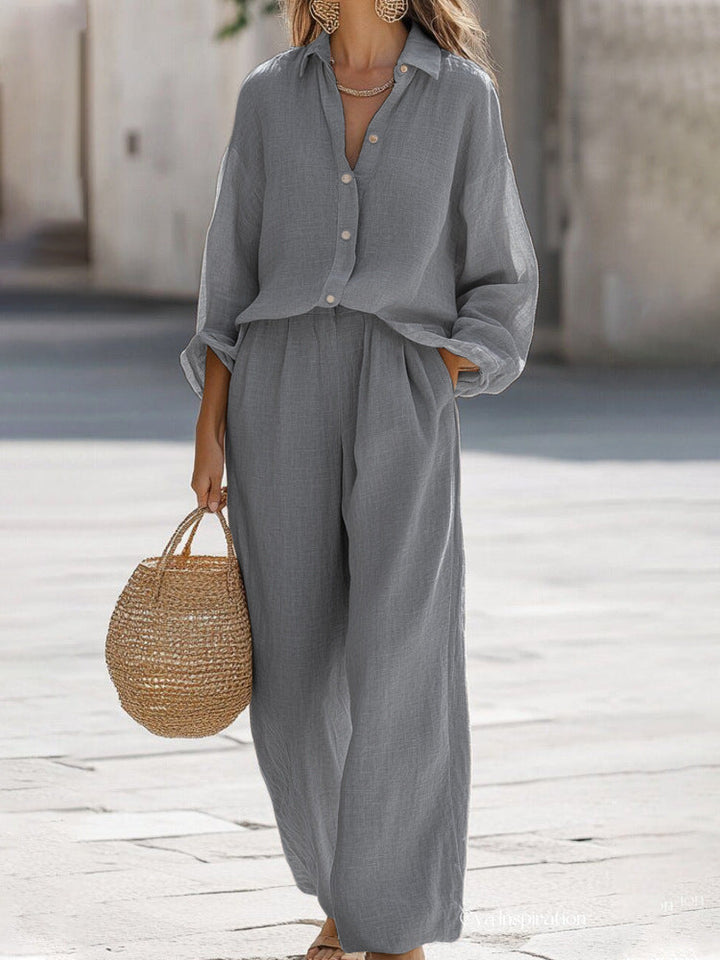 Elegant women's matching blouse & pant set, ideal casual wear for summer vacations.