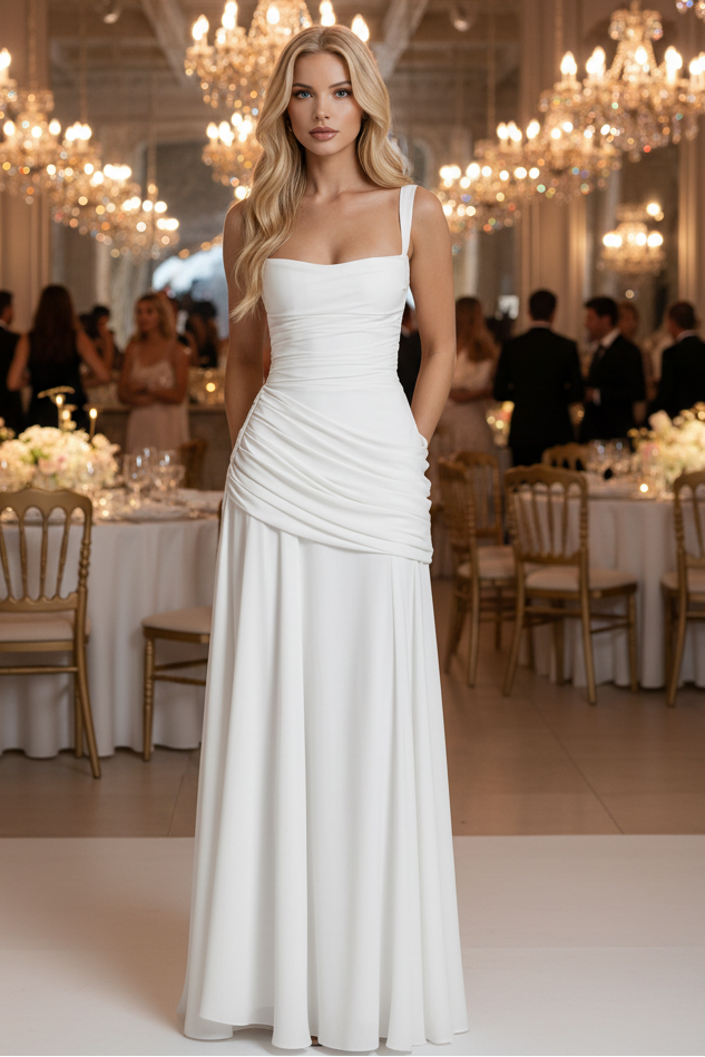 Flowy women's elegant ruched maxi dress, perfect for vacation style or comfortable, chic summer evening wear.