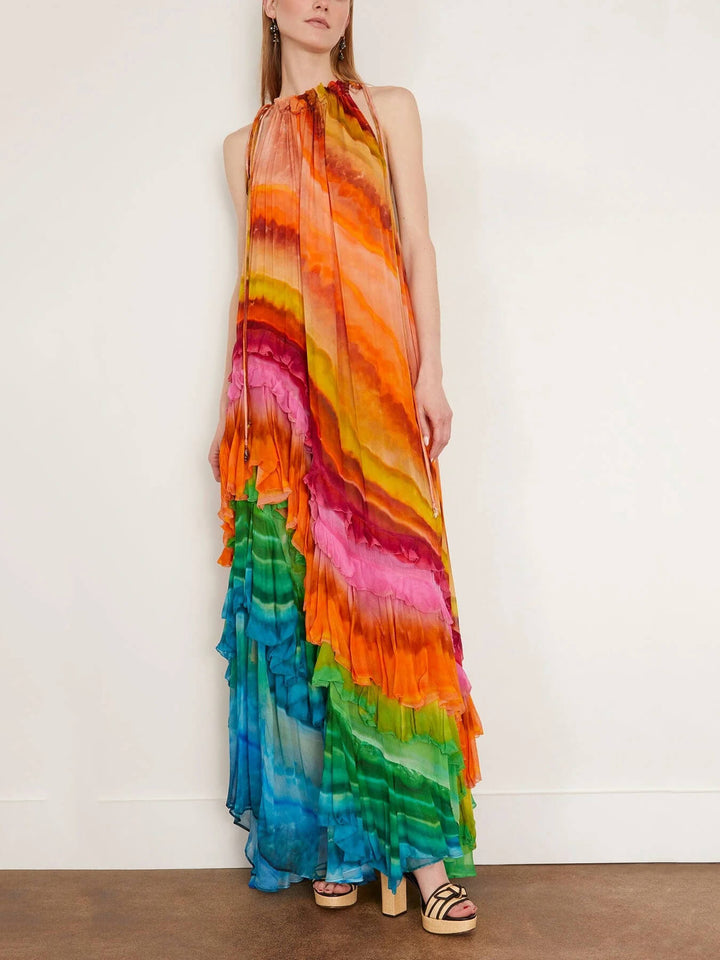 Women's elegant ruffled halter maxi dress with flowing tiered skirt, perfect for summer parties & occasions.