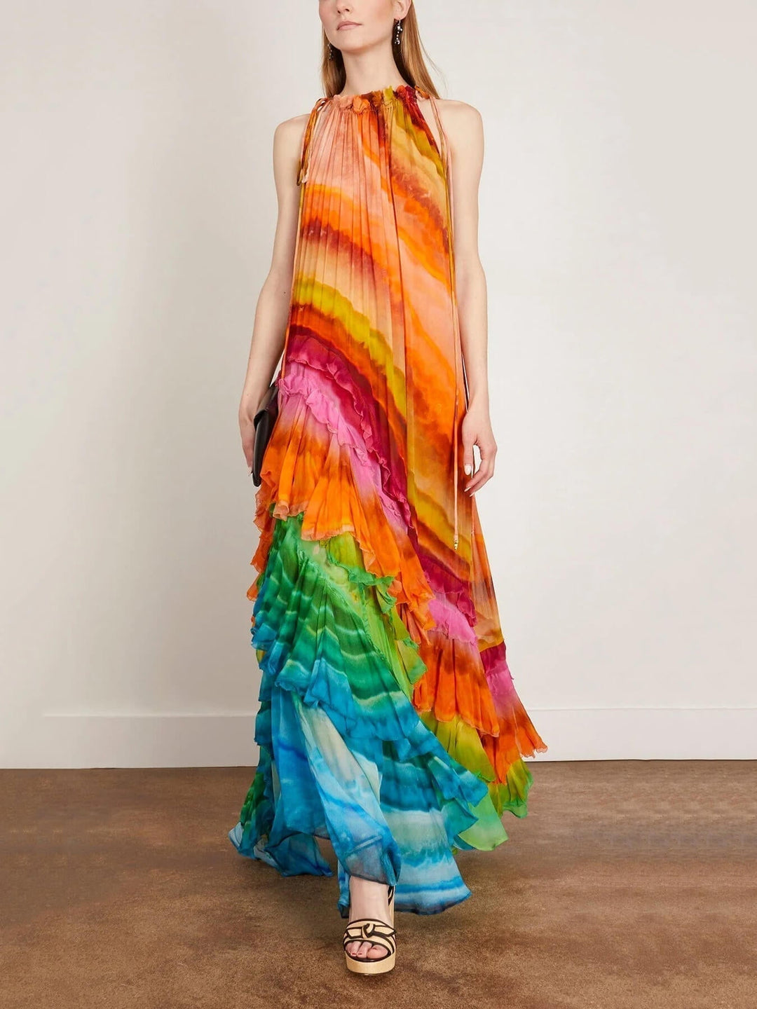 Flowing tiered halter maxi dress for women, featuring a beautiful ruffled neckline and long, elegant design.