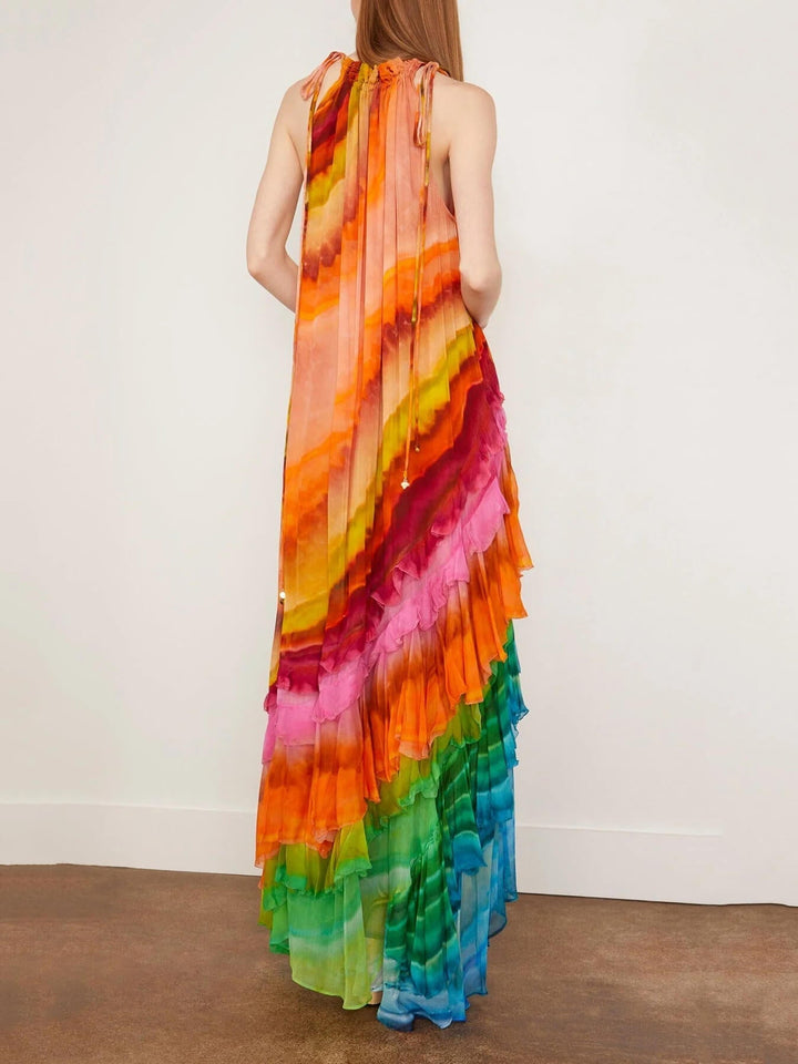 Stylish women's sleeveless halter maxi dress with ruffled tiers, ideal for summer events, comfortable & chic.