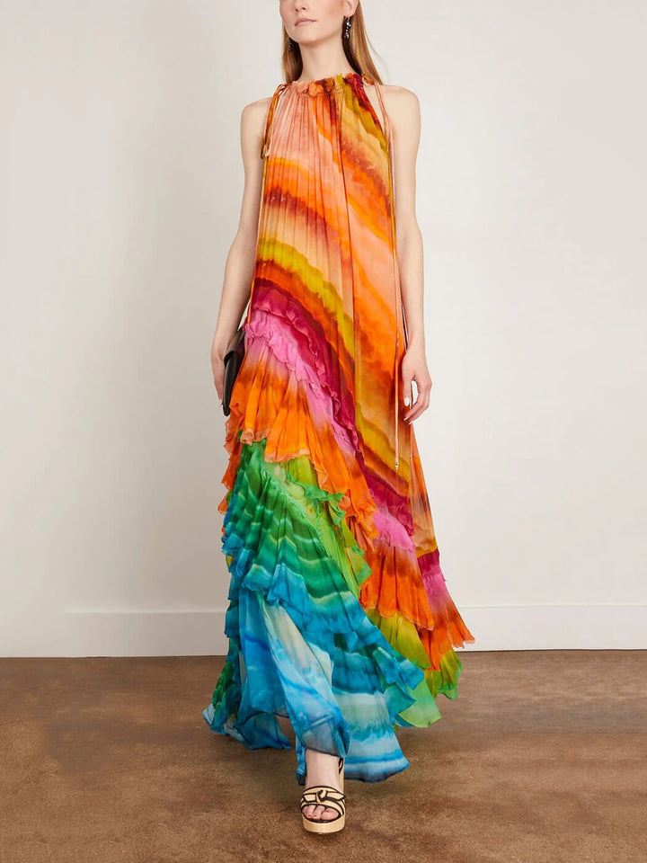 Elegant women's tiered halter gown with delicate ruffles & a flowing maxi skirt, perfect for special occasions.