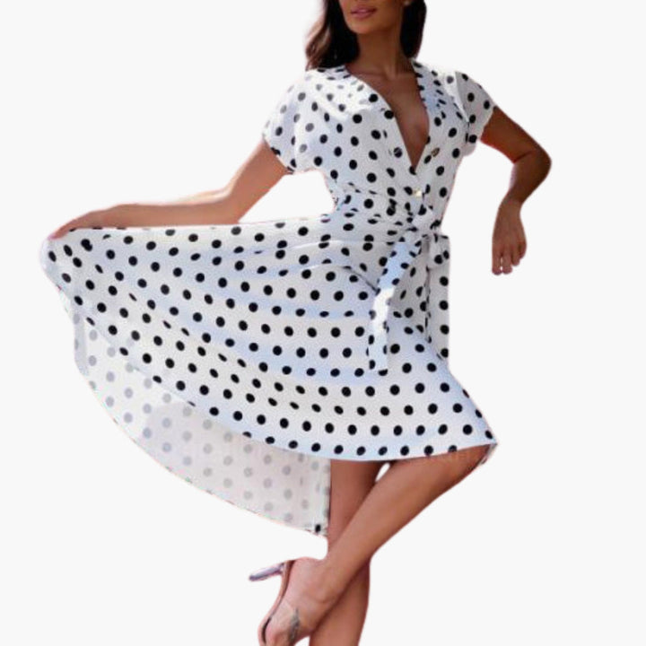 Women's elegant short sleeve V-neck midi dress for versatile casual & party wear.