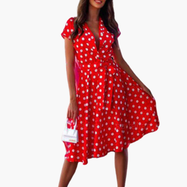 Sophisticated women's V-neck midi dress. Perfect for summer, parties, or elegant day-to-night wear.