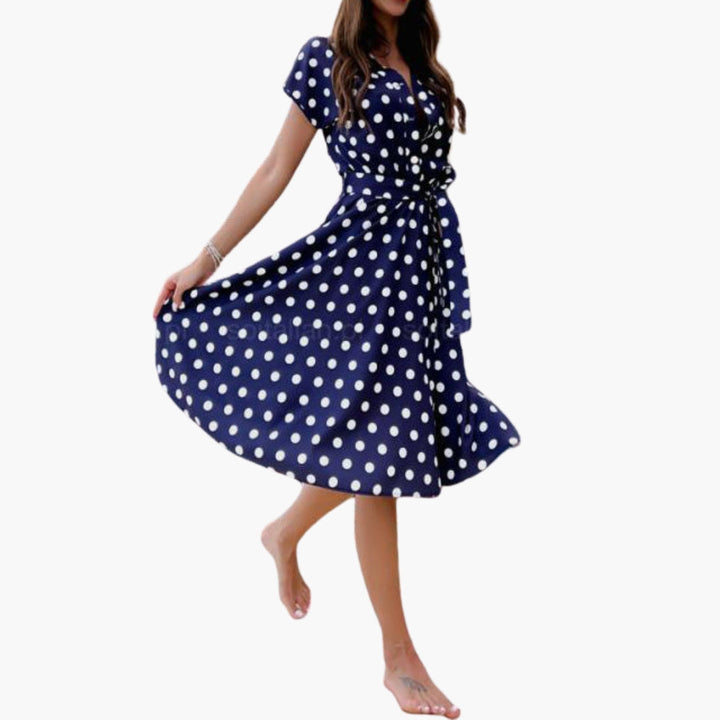 Timeless elegant women's short sleeve V-neck midi dress; flattering fit for sophisticated style.