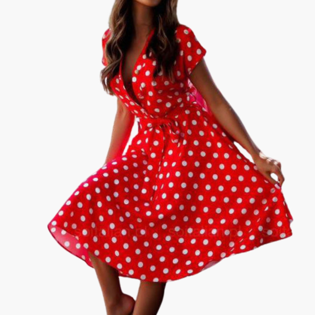 Stylish women's V-neck short sleeve midi dress. Comfortable & chic for casual, party, or summer events.