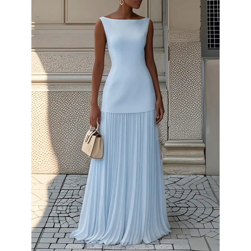 Comfortable and elegant women's pleated maxi dress with boat neck, sleeveless design, for special occasions.