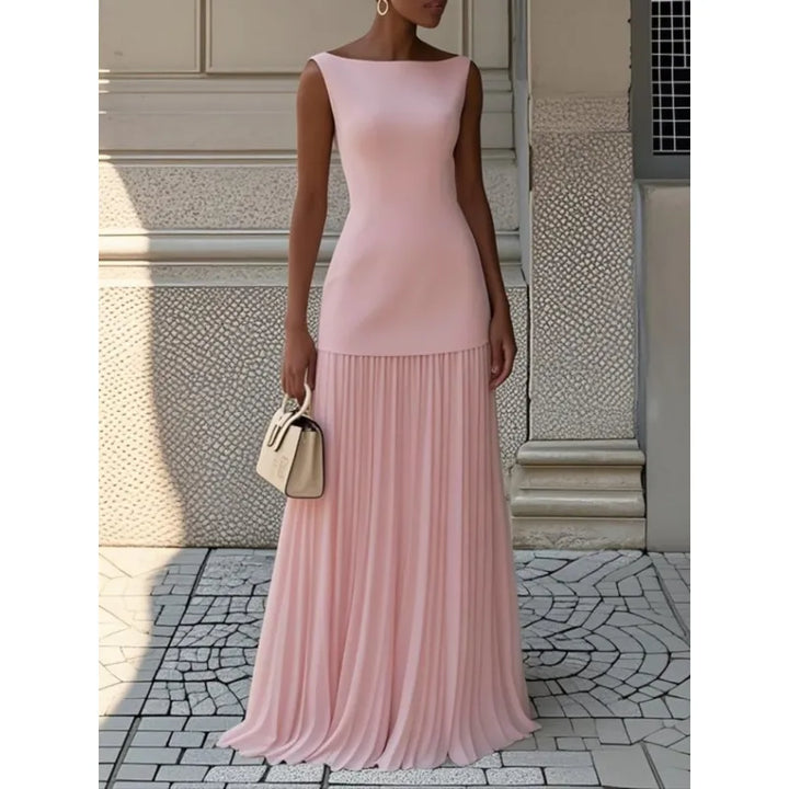 Sophisticated women's boat neck sleeveless maxi dress, pleated skirt, suitable for evening, formal or summer events.