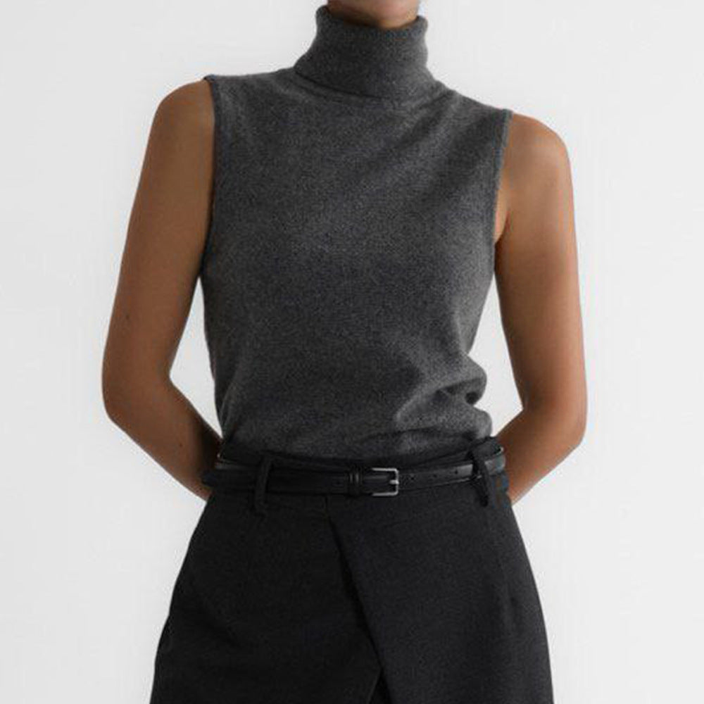 Slim fit knit top for women, featuring a sleeveless design and sophisticated mock neck for versatility.