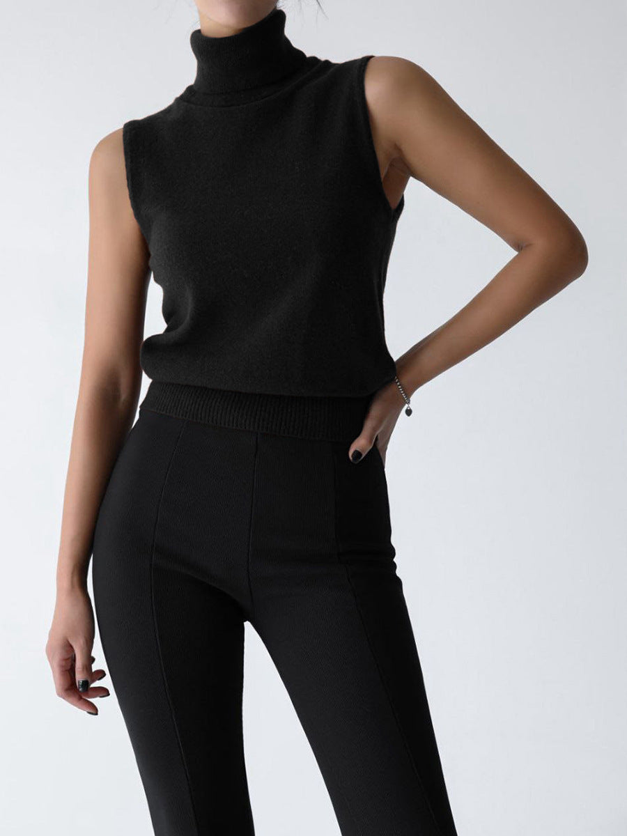 Stylish sleeveless knit top for women, with an elegant mock neck design for versatile wear.