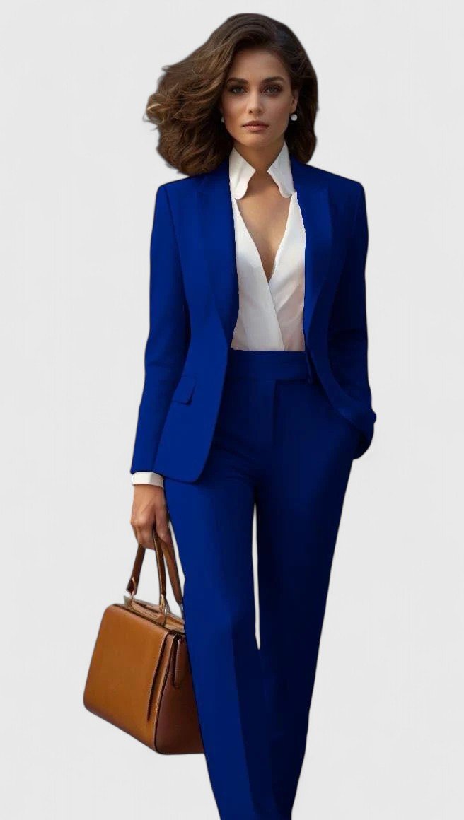 Professional women's elegant tailored suit, featuring a lapel blazer & straight leg pants. Business & event outfit.