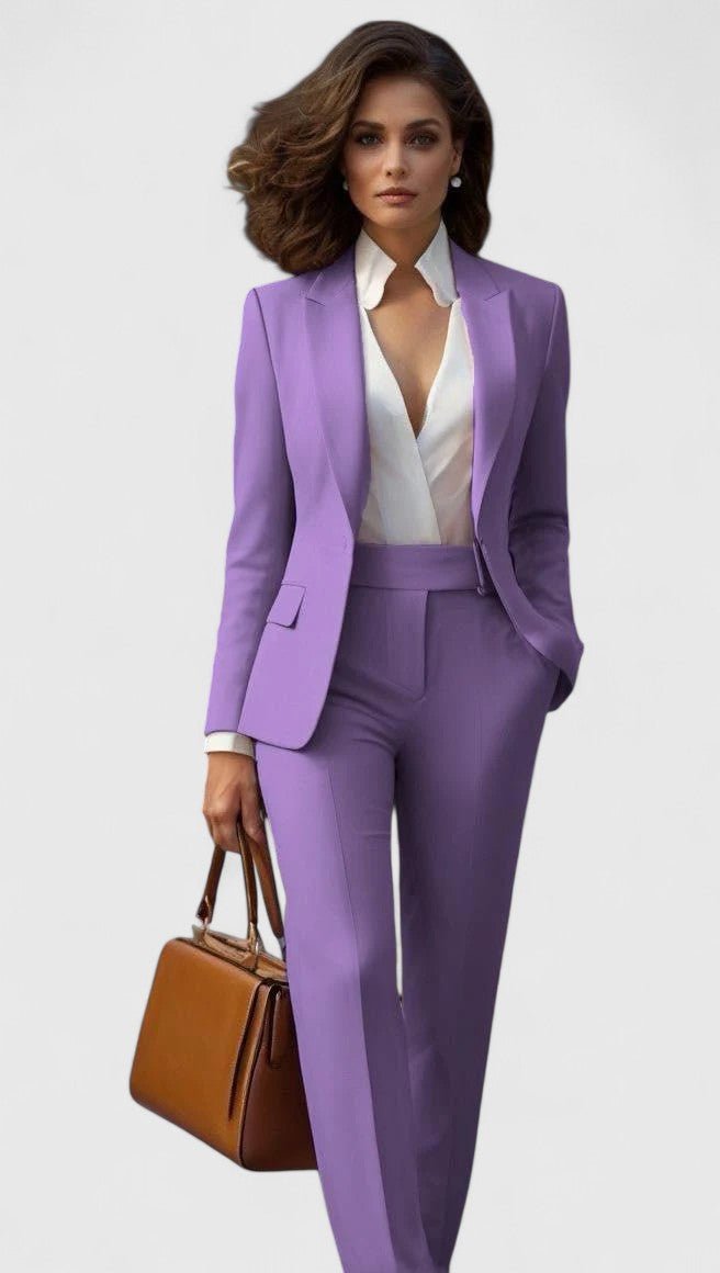 Chic women's power suit: elegant tailored lapel blazer & straight leg pants for professional office fashion.