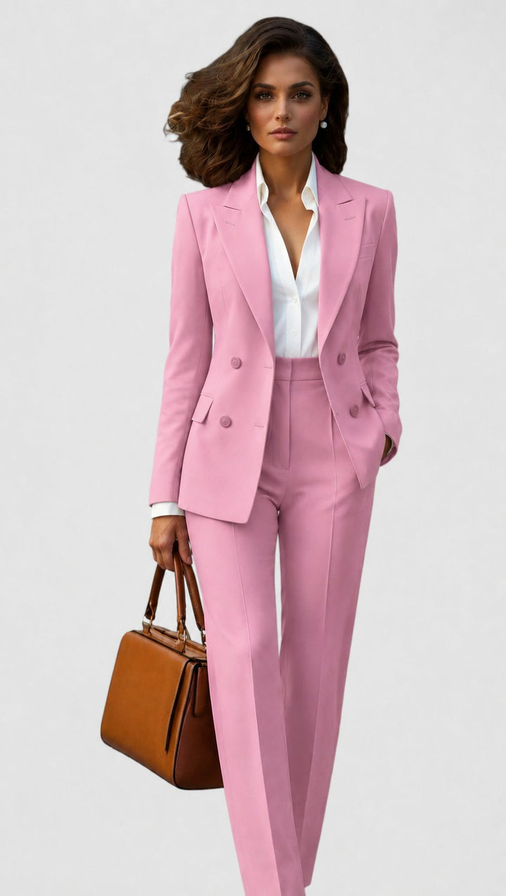 Women's formal tailored suit: elegant lapel blazer & straight leg pants. A professional business attire power suit.