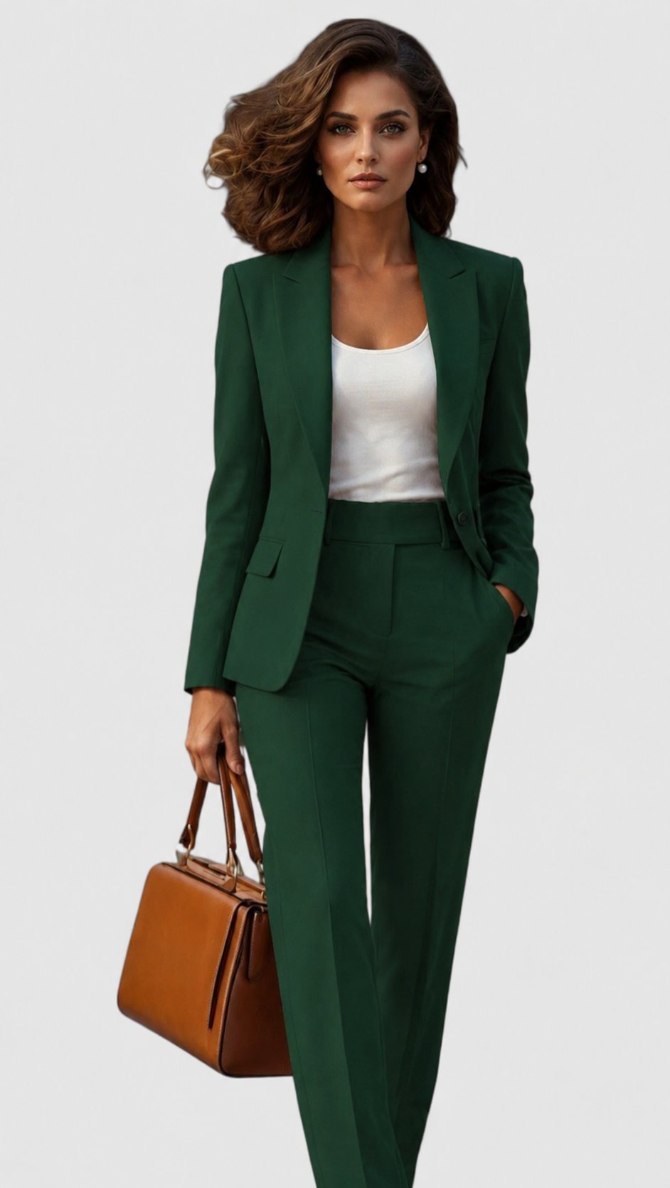 Elegant women's tailored suit, a professional business outfit. Features a lapel blazer and straight leg pants for events.