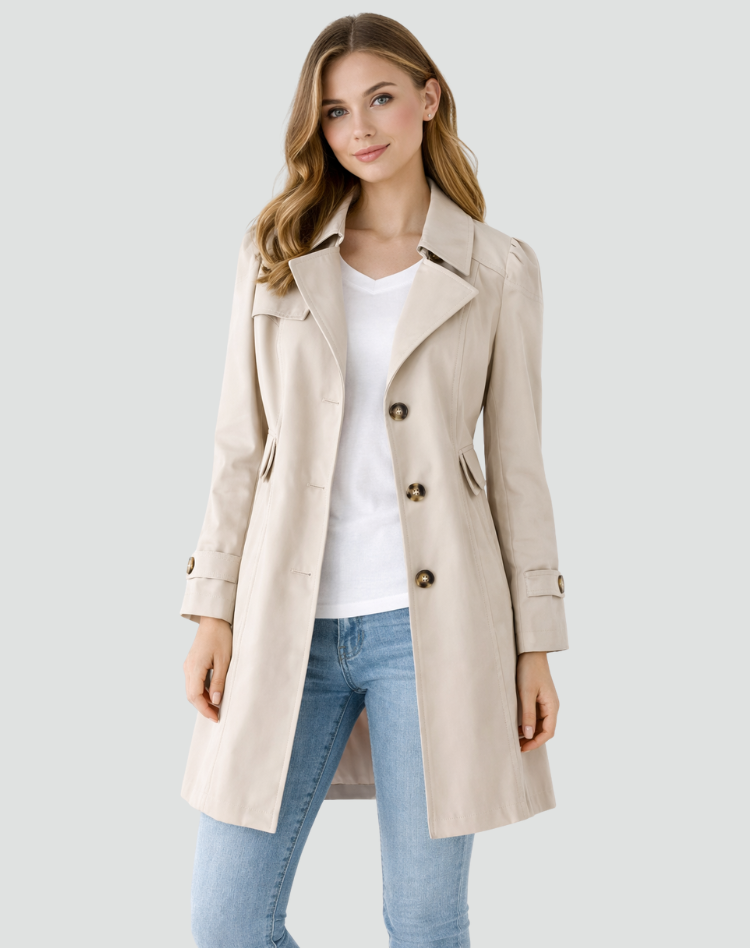 Elegant women's tailored trench coat featuring button front closure. A classic long sleeve jacket for versatile styling.
