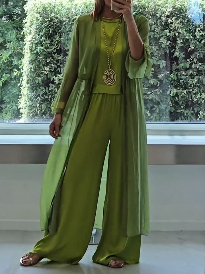 Women's elegant three-piece comfort set in soft polyester, perfect for lounge wear or casual chic outfits.