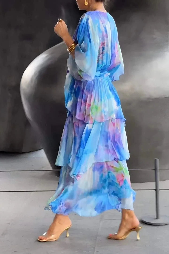 Elegant women's printed tiered wrap dress, a stylish choice for parties and formal gatherings.