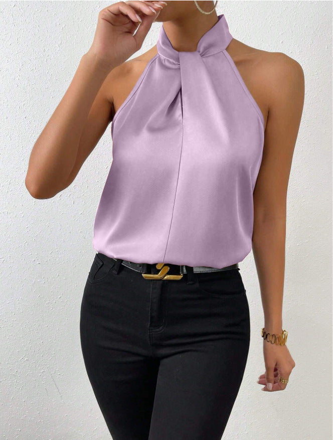 Chic women's short sleeve top with a sophisticated twist knot neck. Elegant & comfortable for daily wear.