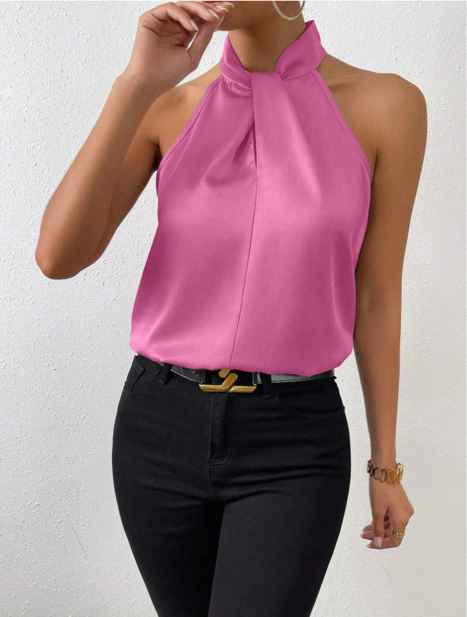 Simple & stylish women's short sleeve top with twist knot neck. Elegant, comfortable, and versatile.