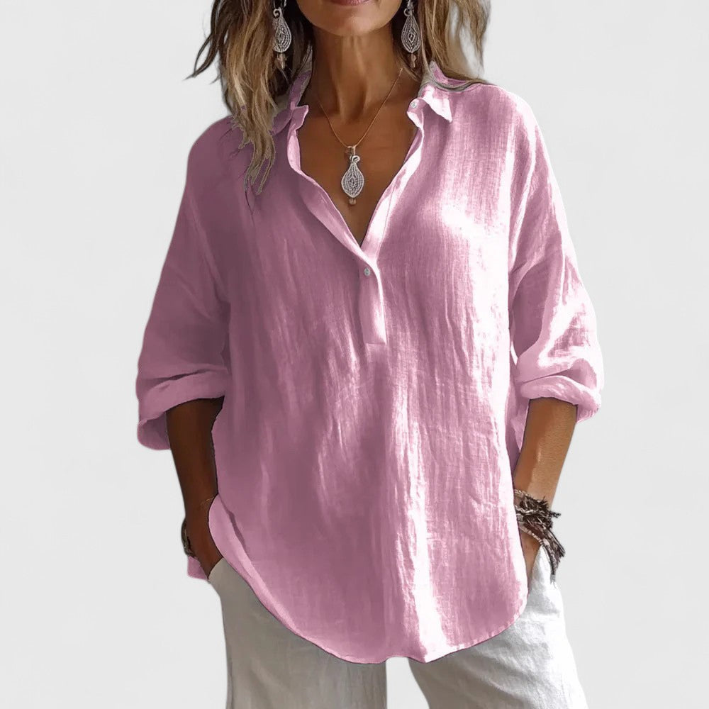 Women's elegant V-neck blouse, relaxed fit. Perfect versatile long sleeve top for office wear or stylish casual outfits.