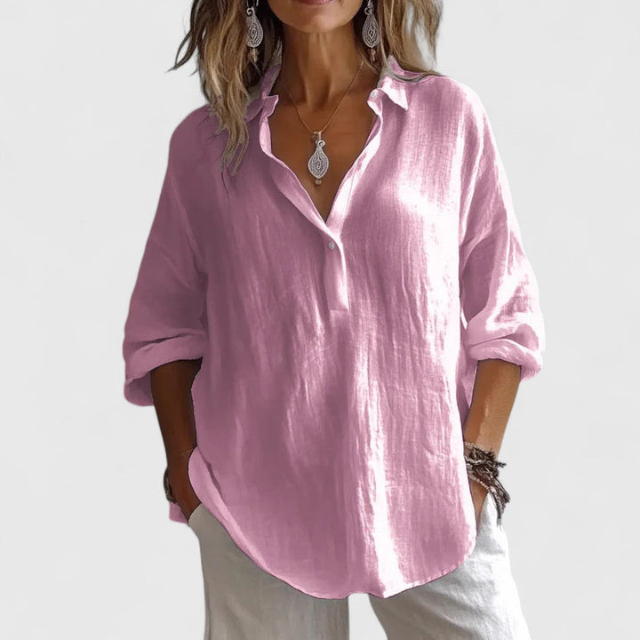 Women's elegant V-neck blouse, relaxed fit. Perfect versatile long sleeve top for office wear or stylish casual outfits.