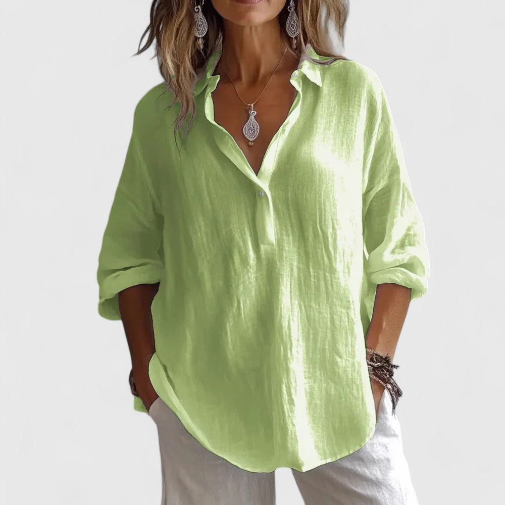Comfortable women's flowy V-neck blouse. Stylish long sleeve top for spring, summer, office, or casual wear.