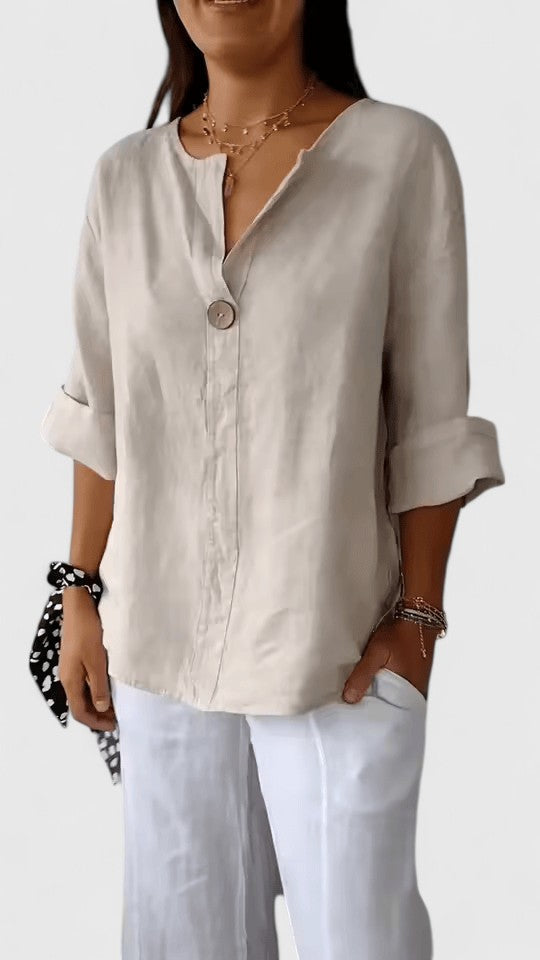 Women's Elegant V-Neck Knot Blouse, a stylish and loose-fit top for summer fashion.