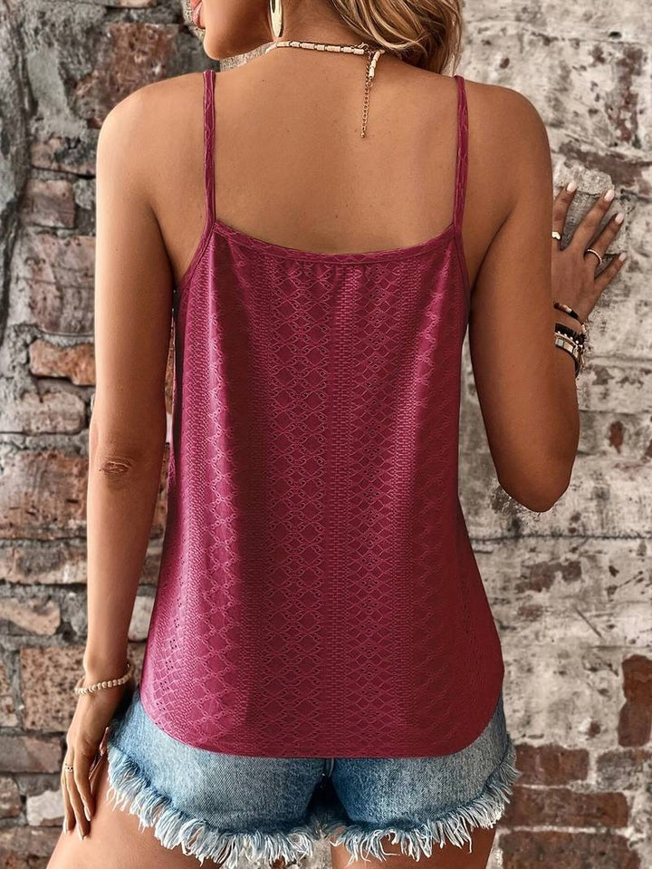 Woman wearing a versatile V-neck lace trim cami top, ideal for pairing with summer casual outfits.