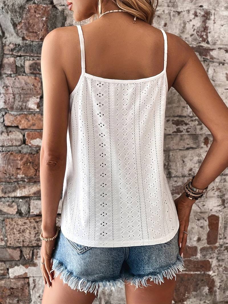 Relaxed fit women's sleeveless V-neck cami top featuring lace trim and adjustable straps for summer.