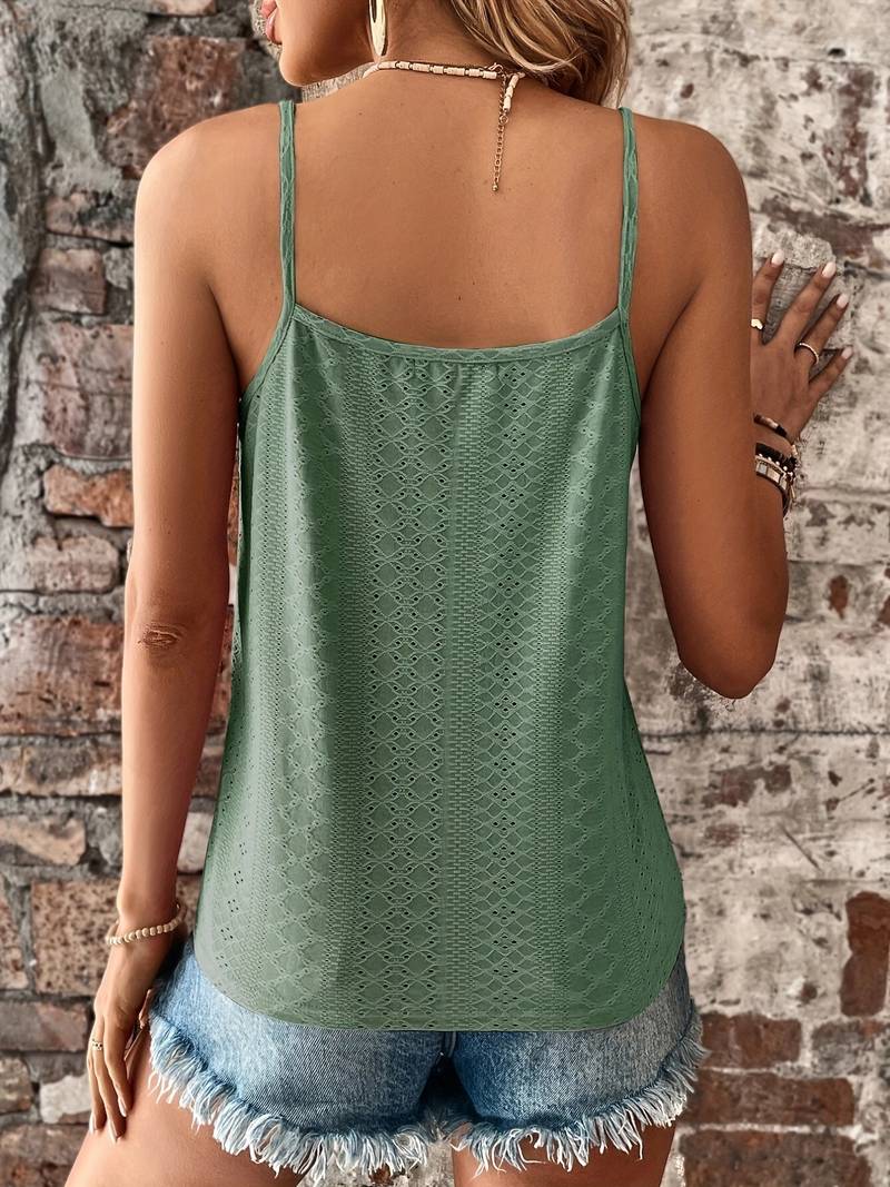 Model wearing a feminine V-neck lace trim cami top, ideal for warm weather and everyday style.