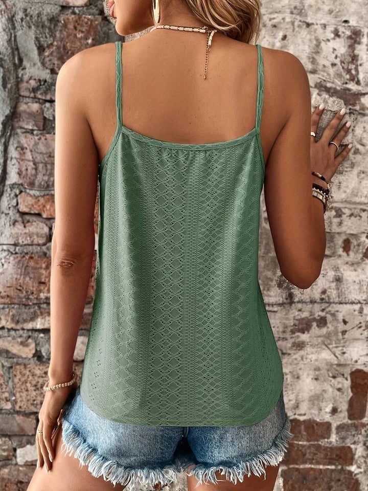 Model wearing a feminine V-neck lace trim cami top, ideal for warm weather and everyday style.
