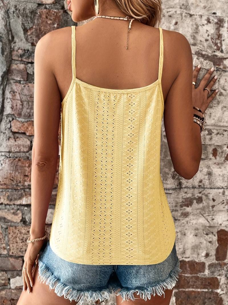 Back view of a women's V-neck cami top with adjustable straps and lace details for summer comfort.