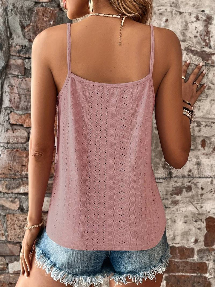 Stylish V-neck lace trim tank top for women, perfect for summer outings or relaxed everyday wear.