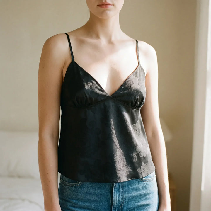 Women's elegant V-neck floral jacquard cami top, perfect for summer casual wear or a night out.