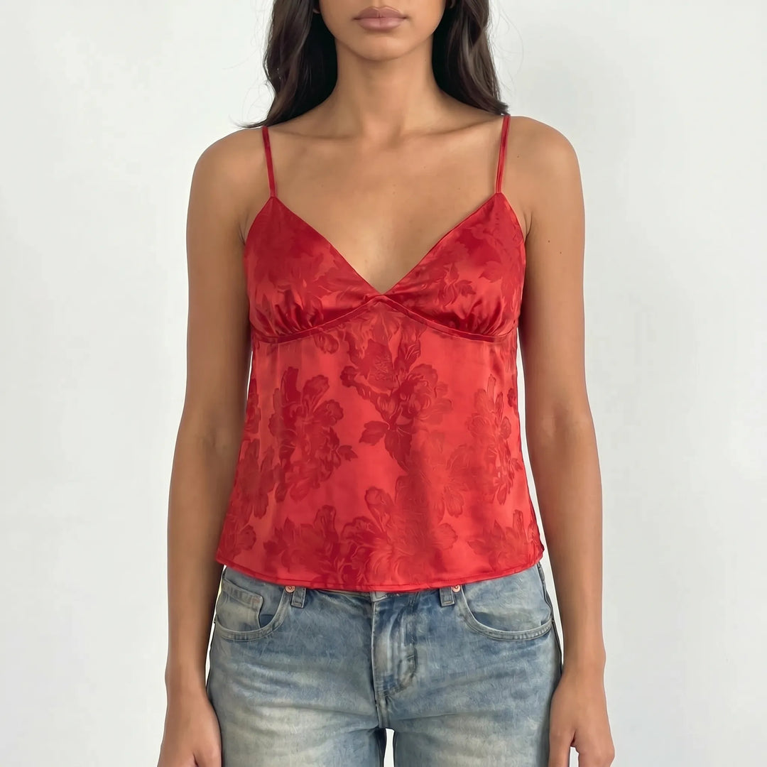 Chic women's floral jacquard V-neck cami crop top with delicate spaghetti straps, perfect for summer.