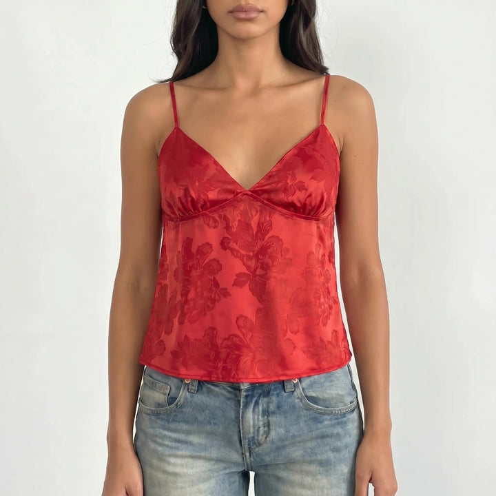 Chic women's floral jacquard V-neck cami crop top with delicate spaghetti straps, perfect for summer.