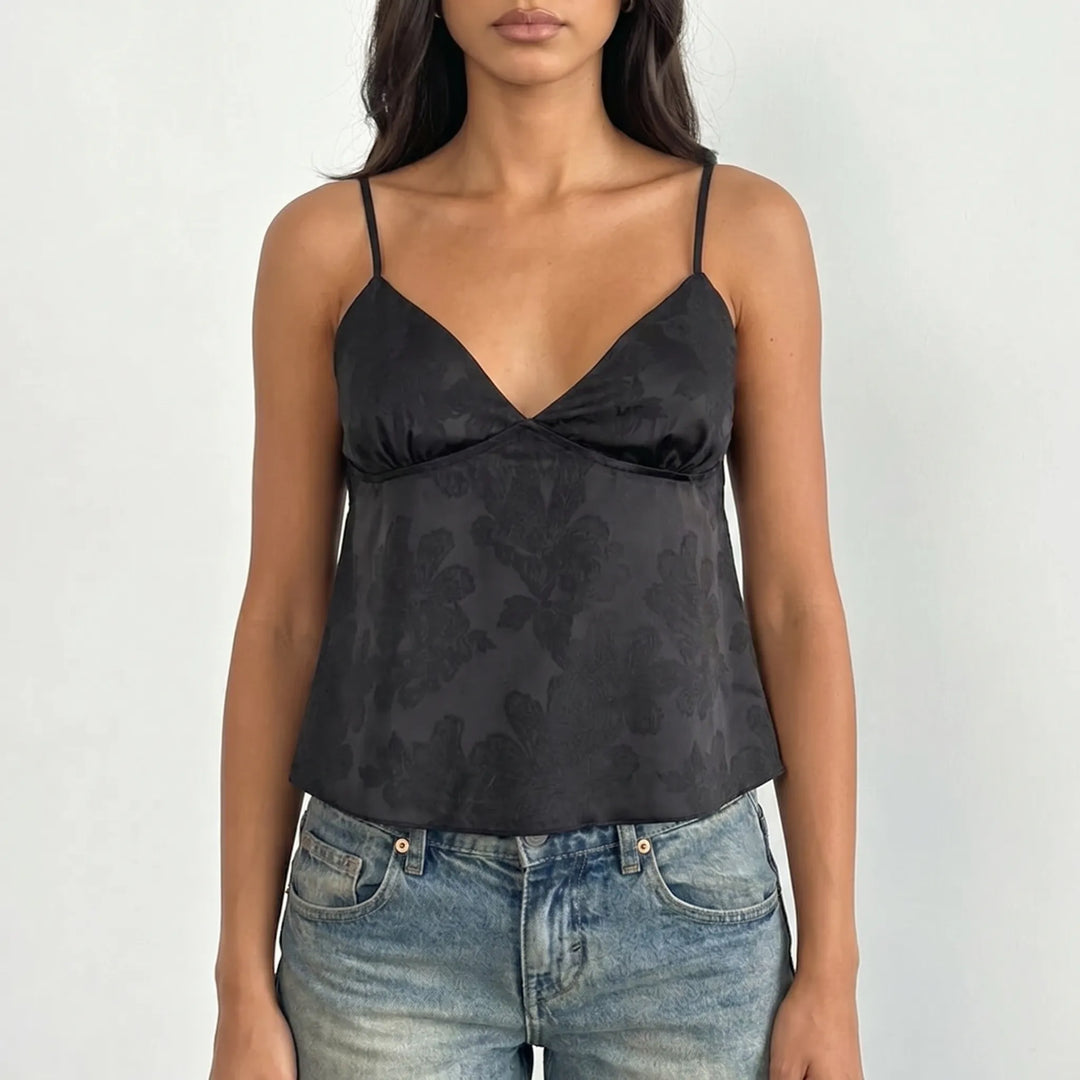 Fashionable V-neck floral jacquard women's cami top, an elegant sleeveless choice for any occasion.