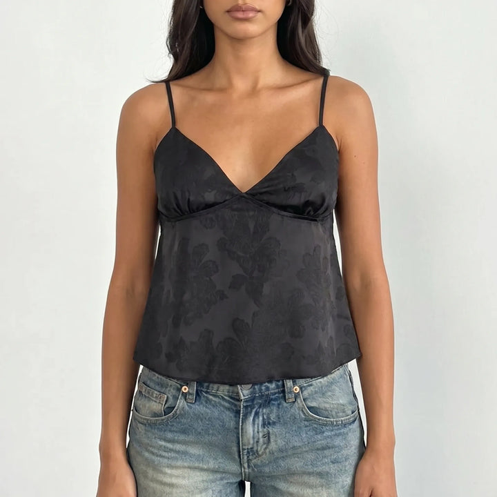 Fashionable V-neck floral jacquard women's cami top, an elegant sleeveless choice for any occasion.