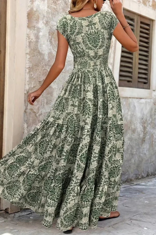Women's elegant V-neck floral maxi dress, perfect for summer casual wear or vacation. Flowy and comfortable.