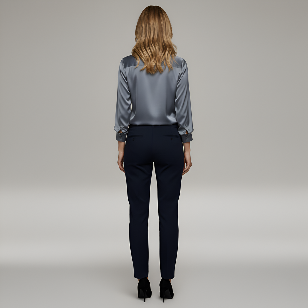 Classic elegant women's V-neck blouse, long sleeves, a versatile top for formal, office, and smart casual attire.