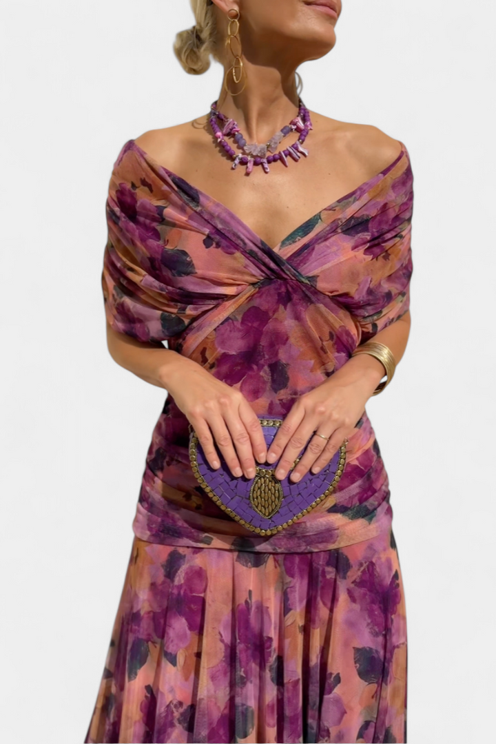 Elegant V-neck maxi dress with a flattering ruched waist. Perfect women's party wear for summer.