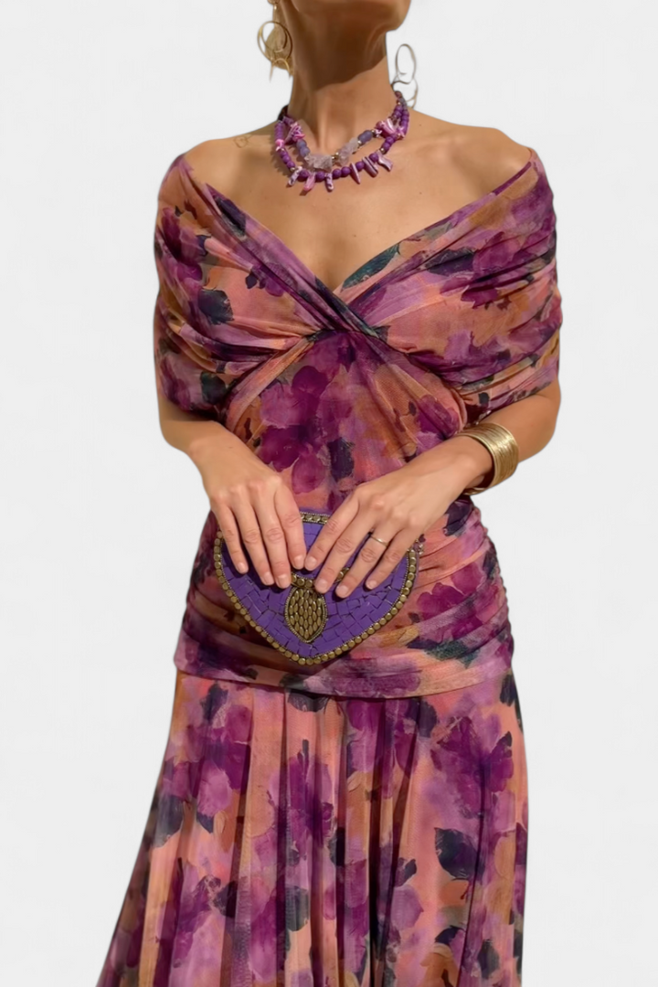 Women's elegant V-neck maxi dress with ruched waist. Ideal party wear or special occasion long dress.