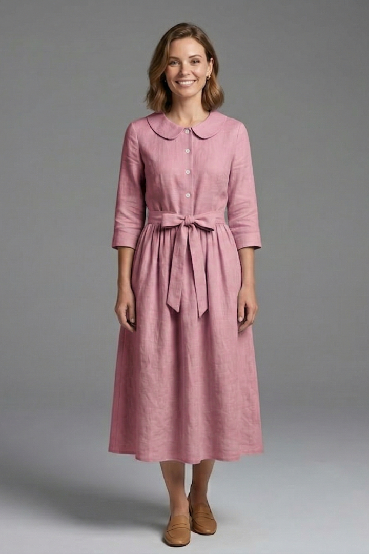 Collection of women's V-neck midi dresses with waist ties in various colors. Versatile clothing options.