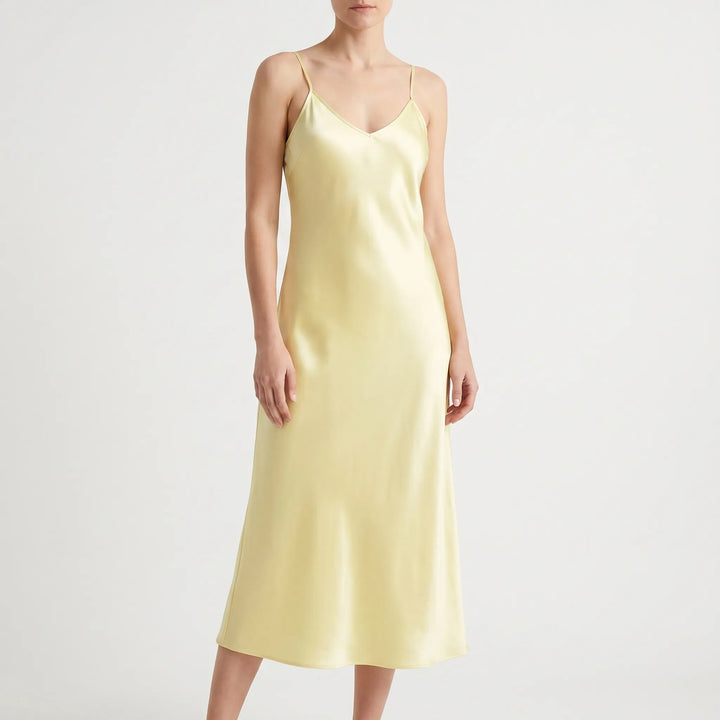 Versatile women's V-neck midi slip dress, suitable for elegant summer casual or formal events.