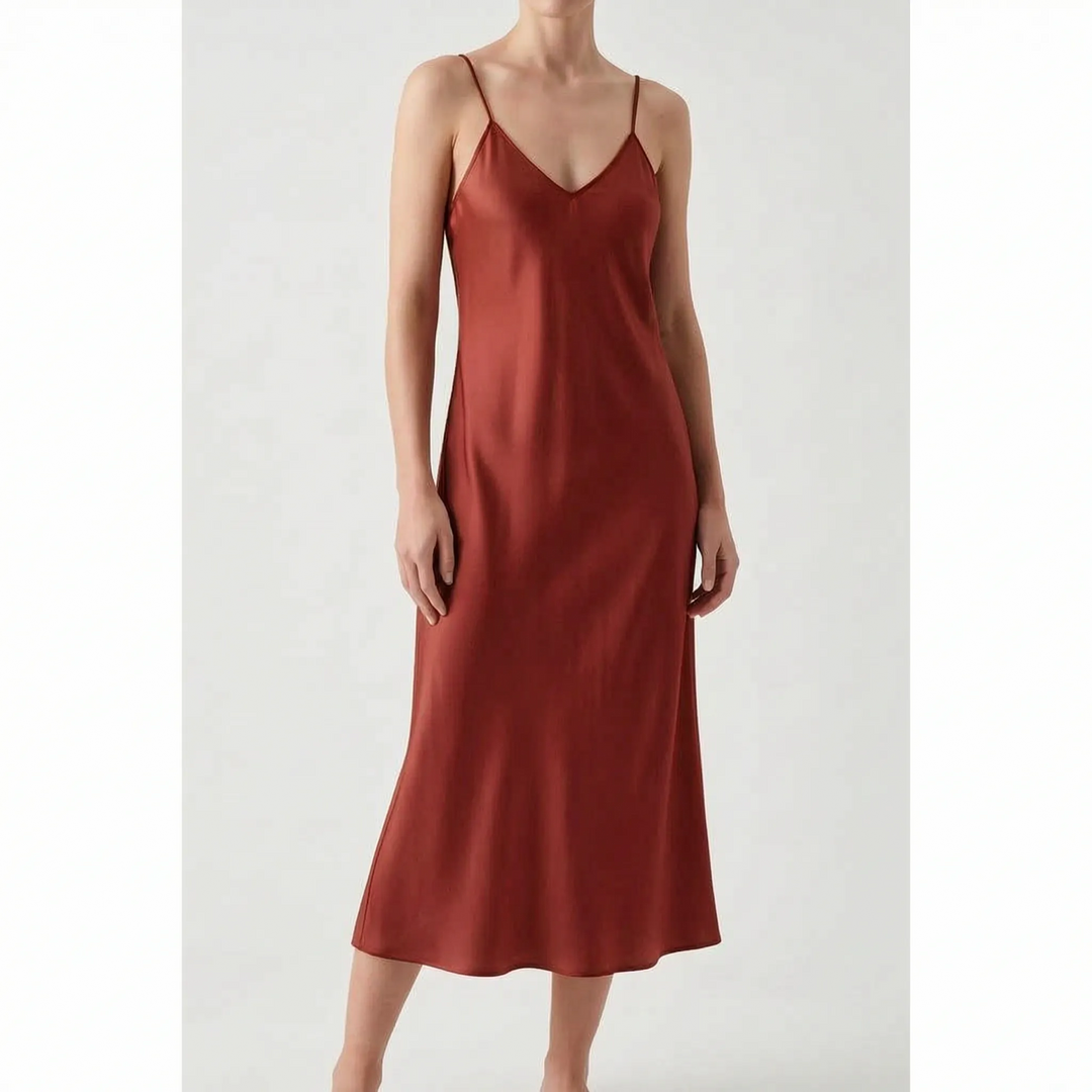 A-line V-neck midi slip dress for women, offering an elegant and flattering silhouette.