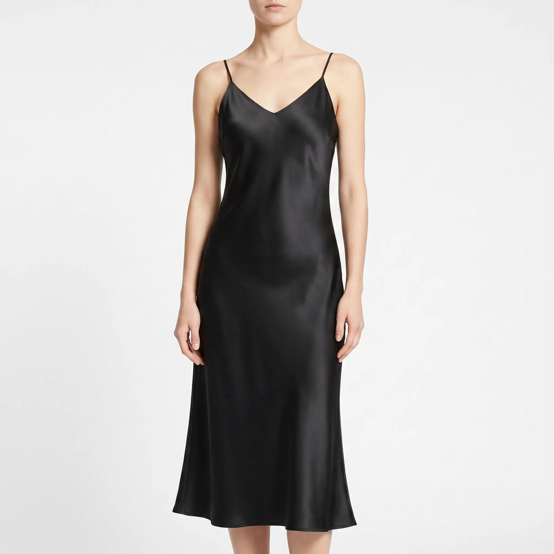 Sleeveless A-line V-neck slip midi dress for women, offering a graceful and versatile look for summer events.