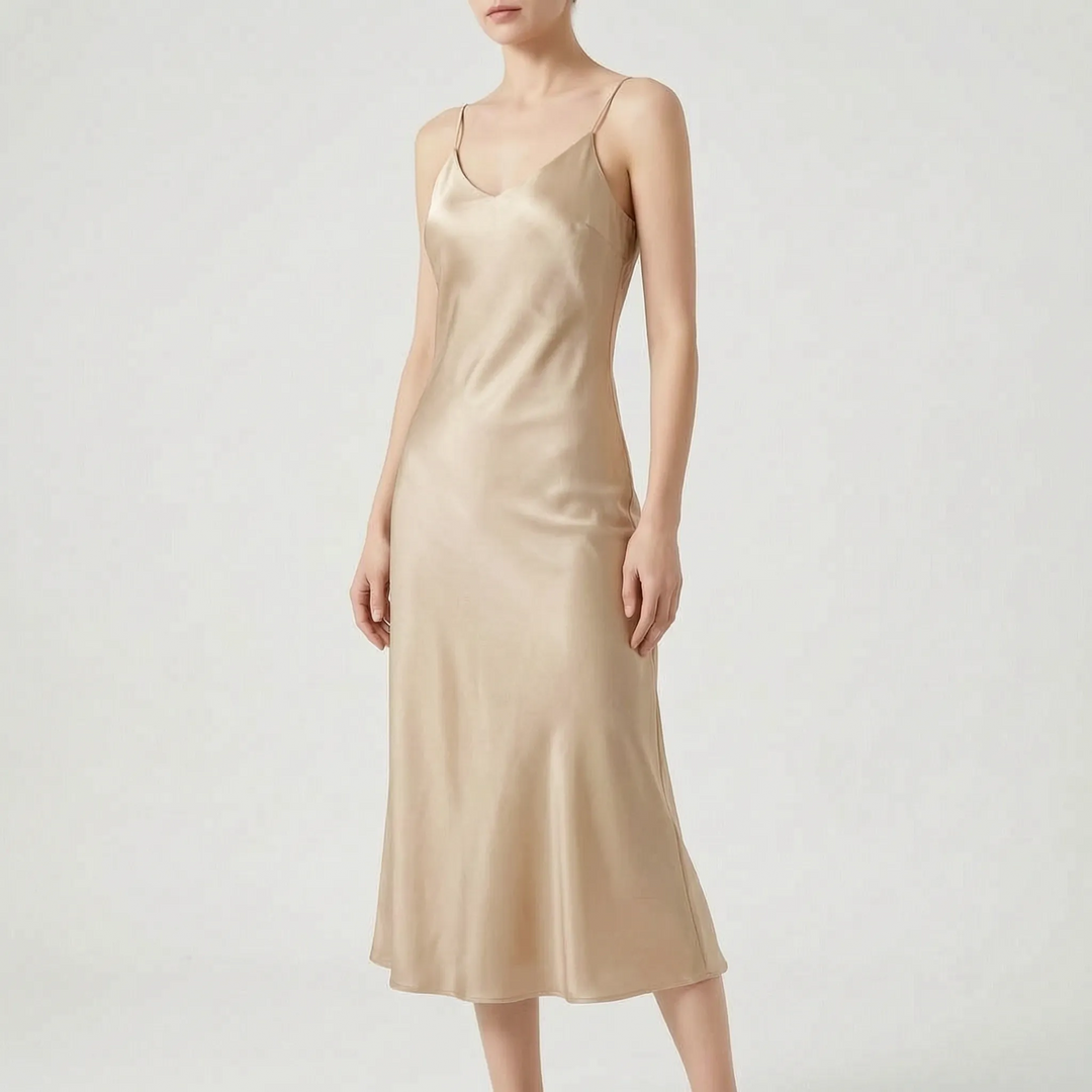 Chic women's V-neck A-line slip midi dress, designed for elegance and comfort, suitable for evening & summer parties.