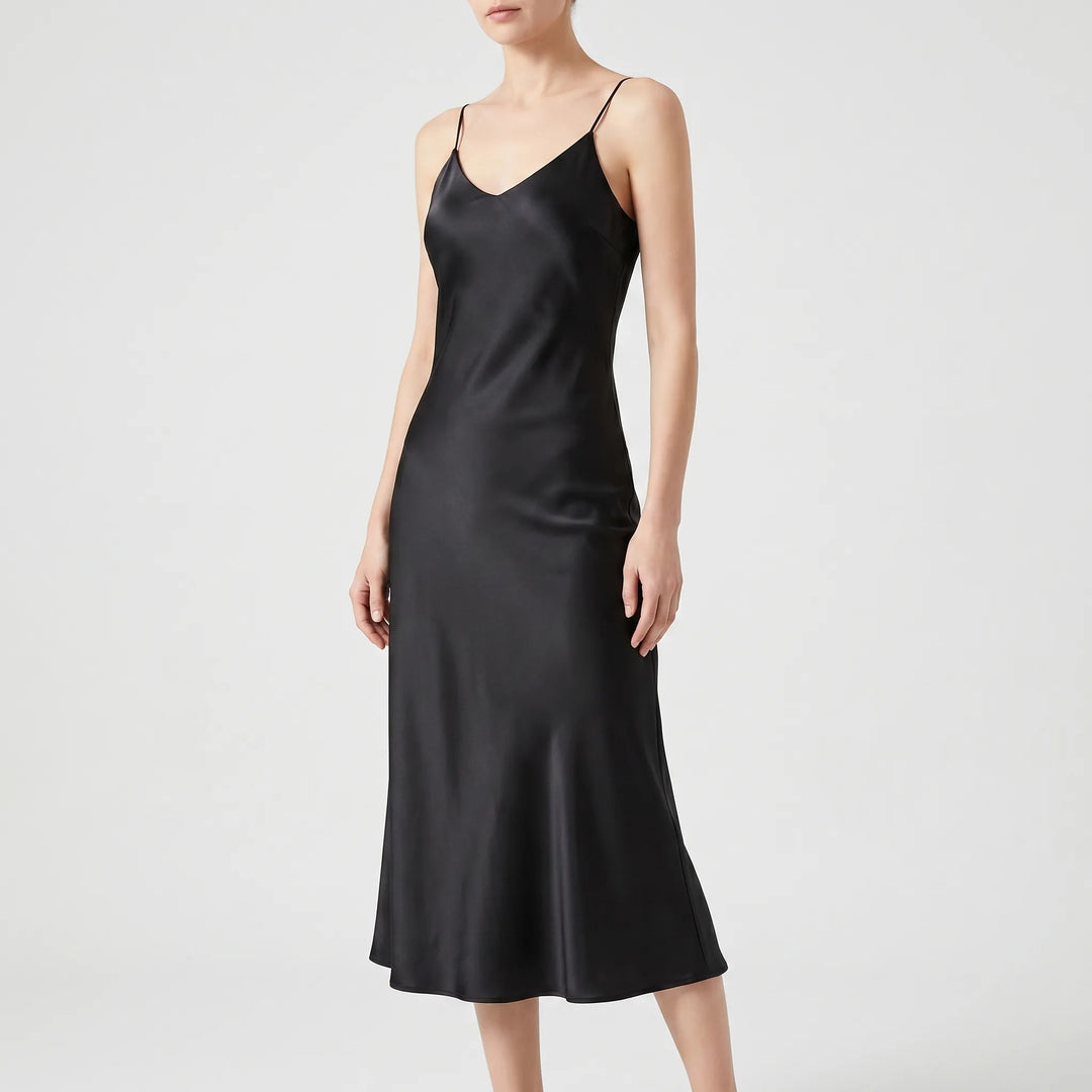 Elegant women's V-neck sleeveless midi dress, a versatile slip style for sophisticated cocktail, evening, or party wear.